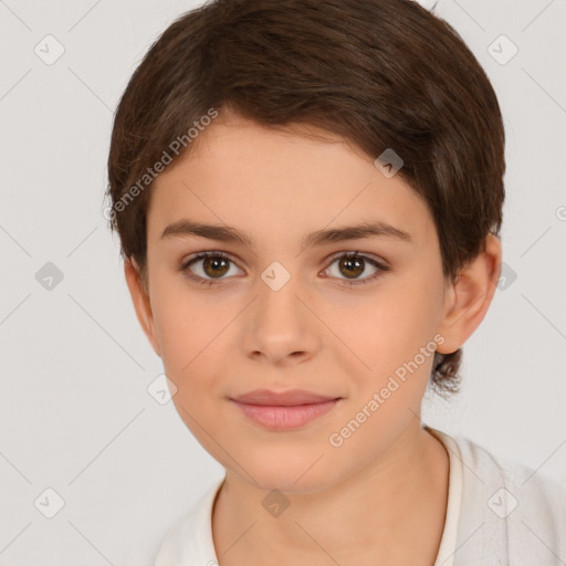 Joyful white child female with short  brown hair and brown eyes