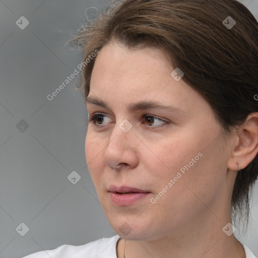 Neutral white adult female with medium  brown hair and brown eyes