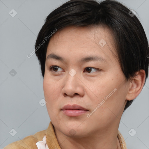 Joyful asian young-adult female with short  brown hair and brown eyes