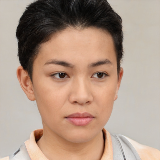 Neutral asian young-adult female with short  brown hair and brown eyes