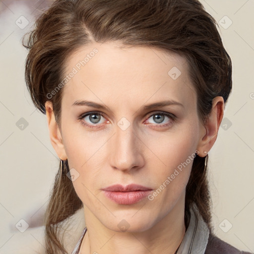 Neutral white young-adult female with medium  brown hair and grey eyes