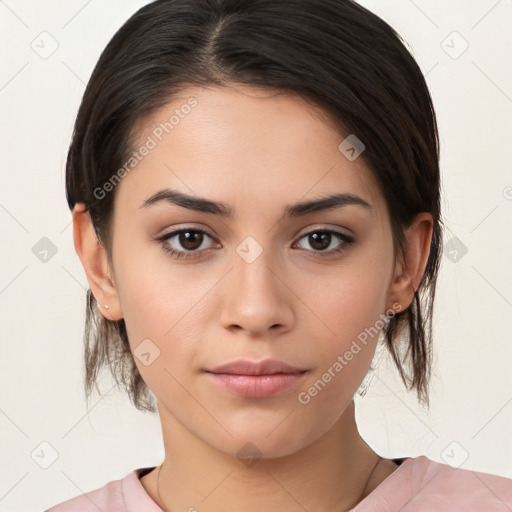 Neutral white young-adult female with medium  brown hair and brown eyes