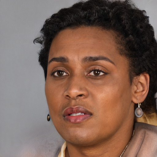 Neutral black young-adult female with short  black hair and brown eyes