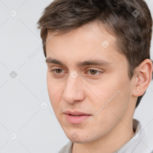 Neutral white young-adult male with short  brown hair and brown eyes