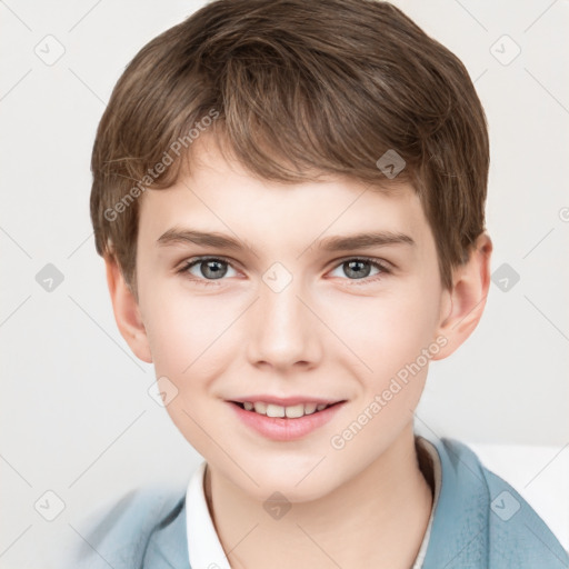 Joyful white child male with short  brown hair and grey eyes