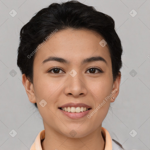 Joyful asian young-adult female with short  brown hair and brown eyes