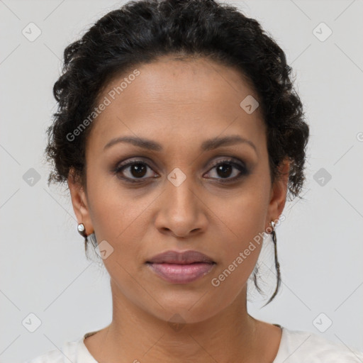 Joyful latino young-adult female with short  brown hair and brown eyes