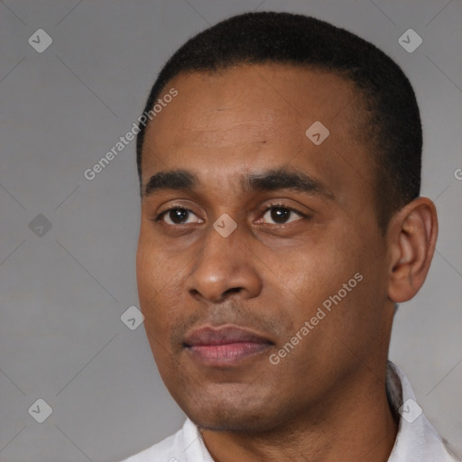 Neutral black young-adult male with short  black hair and brown eyes