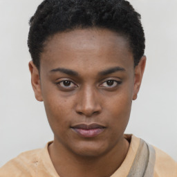 Neutral black young-adult female with short  black hair and brown eyes