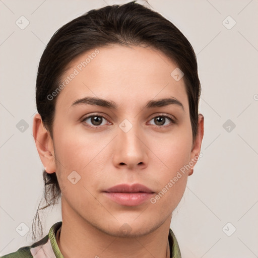 Neutral white young-adult female with short  brown hair and brown eyes