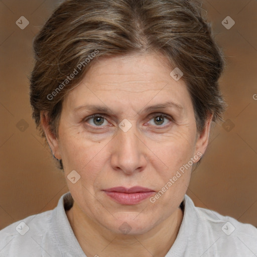 Joyful white adult female with short  brown hair and brown eyes