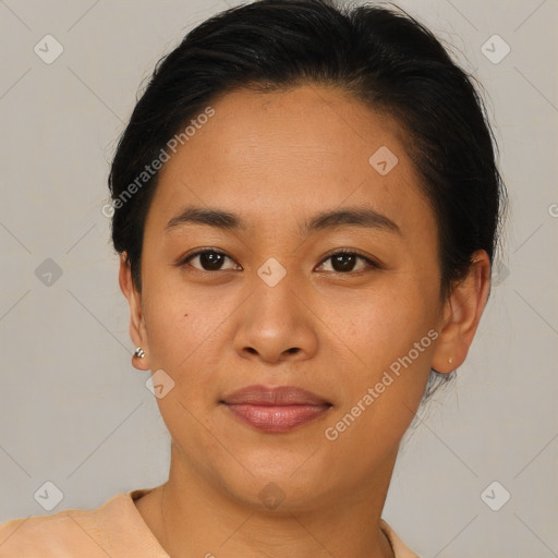 Joyful asian young-adult female with short  brown hair and brown eyes