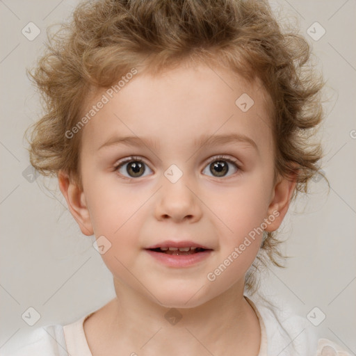 Joyful white child female with medium  brown hair and brown eyes