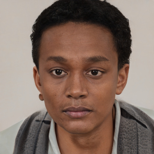 Neutral black young-adult male with short  black hair and brown eyes