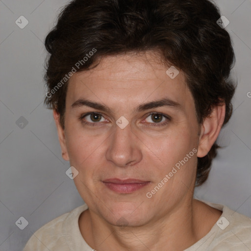 Joyful white adult female with short  brown hair and brown eyes