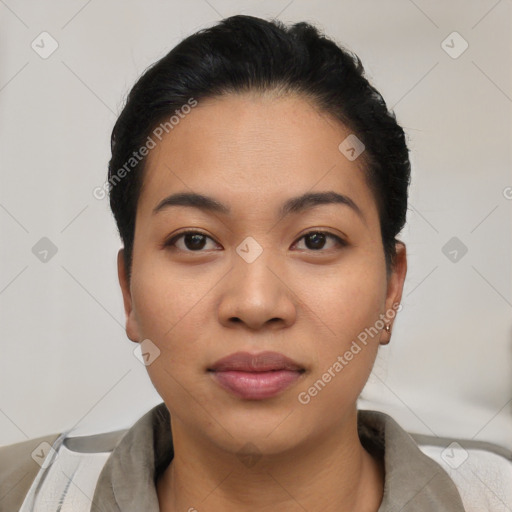 Neutral latino young-adult female with short  black hair and brown eyes