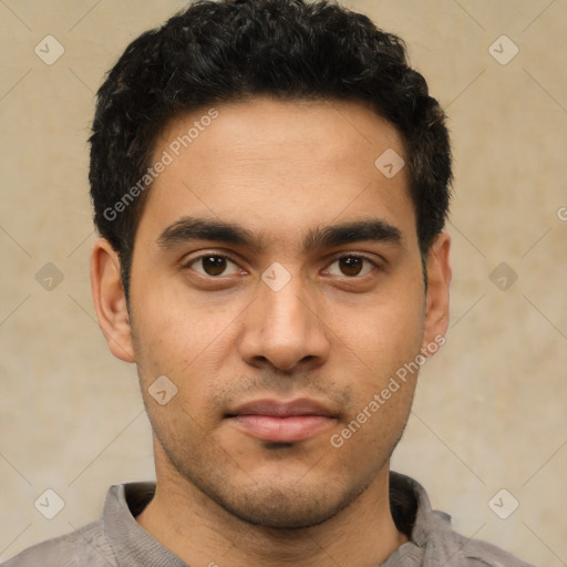 Neutral latino young-adult male with short  black hair and brown eyes