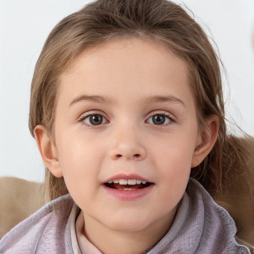 Joyful white child female with medium  brown hair and grey eyes