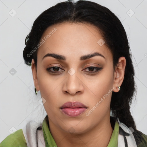 Joyful latino young-adult female with medium  brown hair and brown eyes