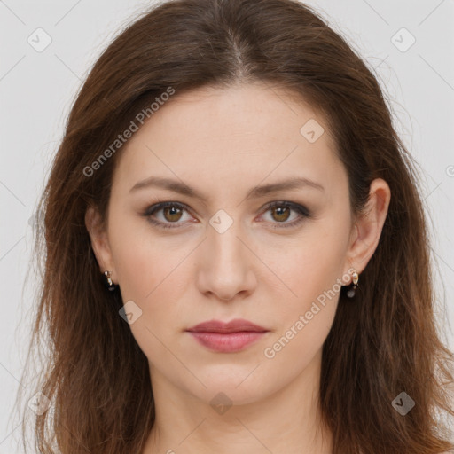 Neutral white young-adult female with long  brown hair and brown eyes