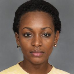 Neutral black young-adult female with short  black hair and brown eyes