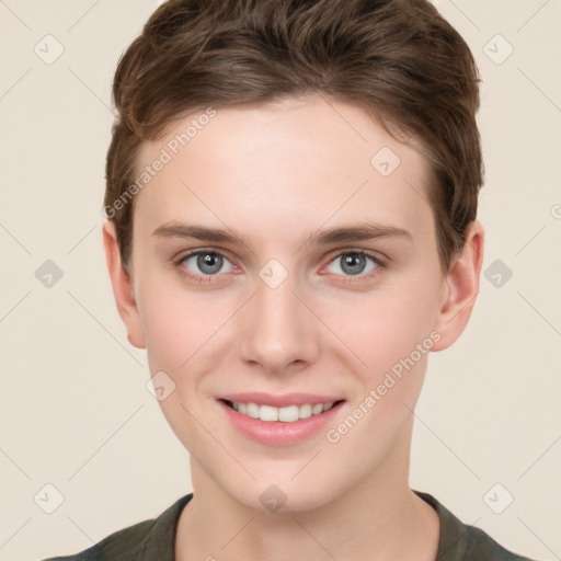 Joyful white young-adult female with short  brown hair and grey eyes