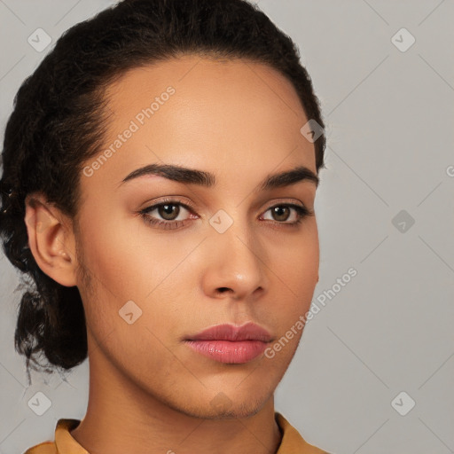 Neutral white young-adult female with short  brown hair and brown eyes