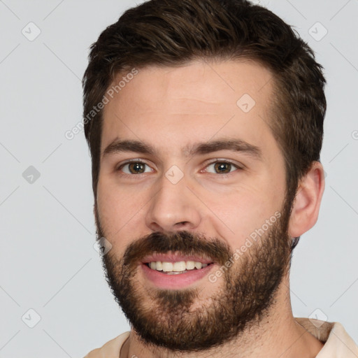 Joyful white young-adult male with short  brown hair and brown eyes