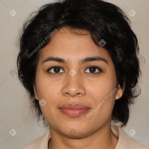 Joyful latino young-adult female with medium  brown hair and brown eyes