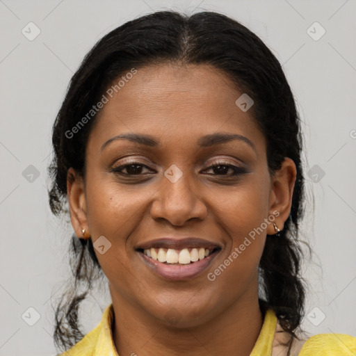 Joyful black young-adult female with medium  brown hair and brown eyes