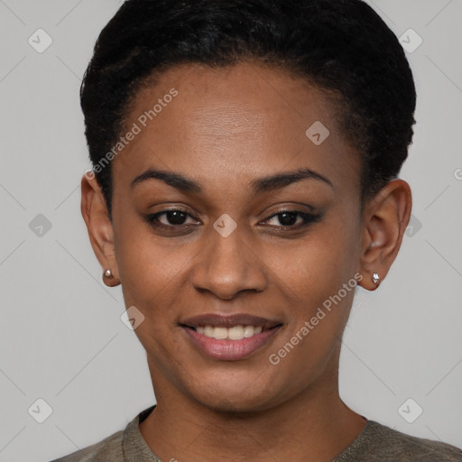 Joyful black young-adult female with short  black hair and brown eyes