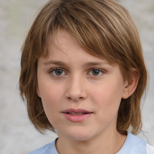 Neutral white child female with medium  brown hair and grey eyes