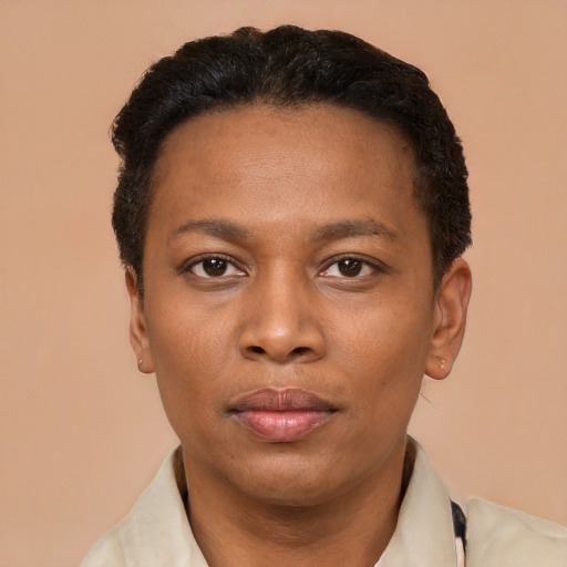 Neutral black young-adult female with short  black hair and brown eyes