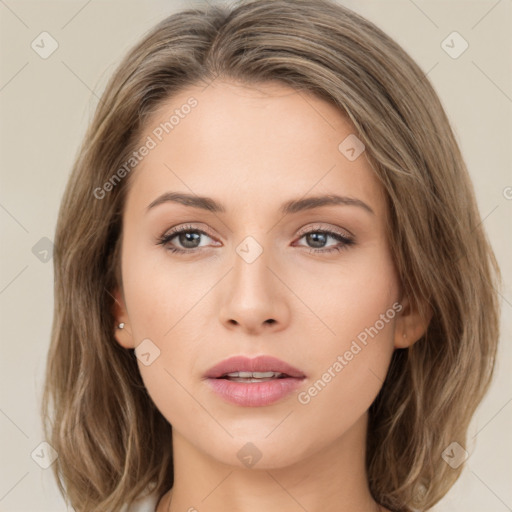 Neutral white young-adult female with long  brown hair and brown eyes