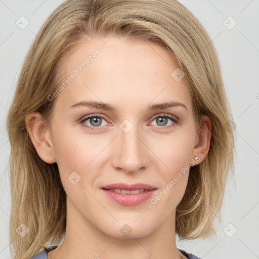 Joyful white young-adult female with medium  brown hair and blue eyes