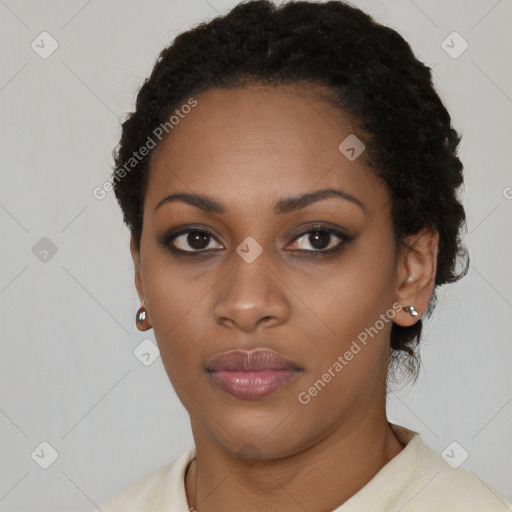 Neutral black young-adult female with short  black hair and brown eyes