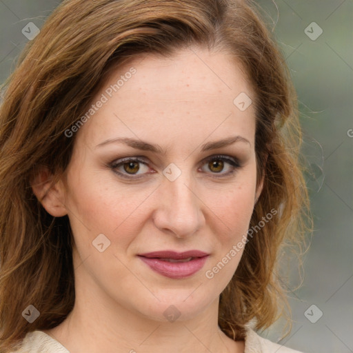 Joyful white young-adult female with medium  brown hair and green eyes