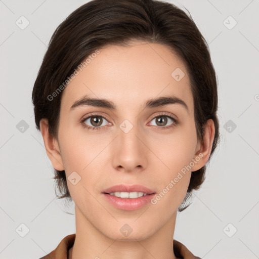 Neutral white young-adult female with medium  brown hair and brown eyes