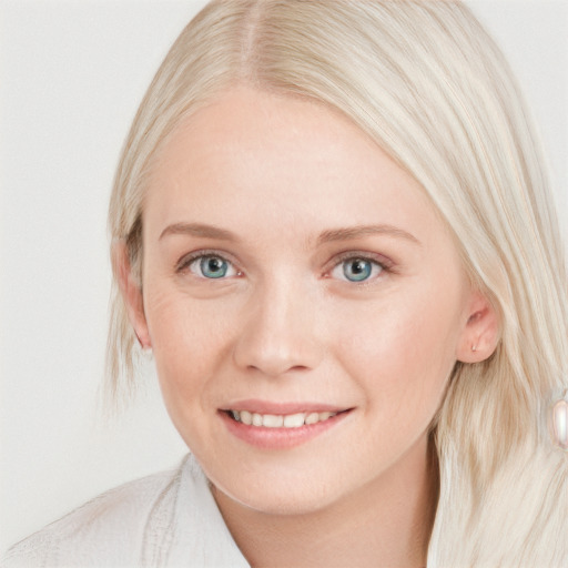 Joyful white young-adult female with medium  blond hair and blue eyes