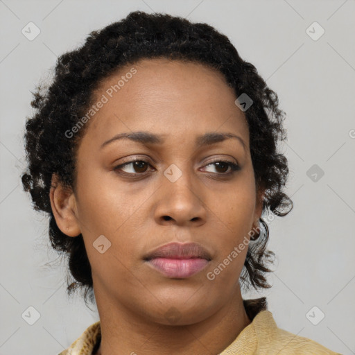 Neutral black young-adult female with medium  brown hair and brown eyes