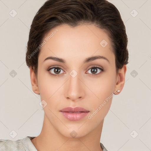 Neutral white young-adult female with short  brown hair and brown eyes