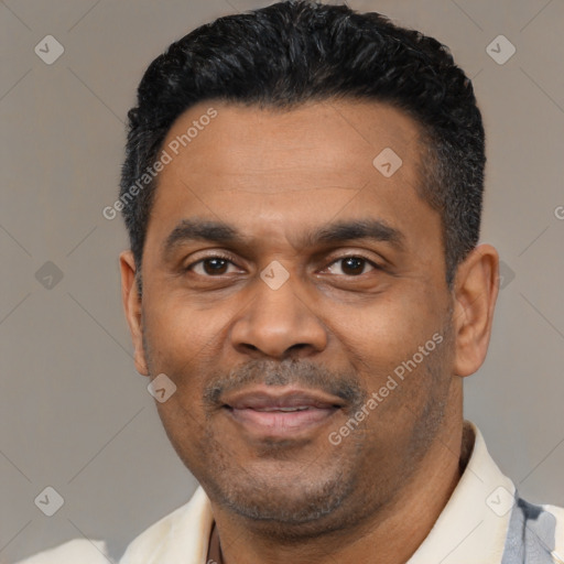 Neutral latino adult male with short  black hair and brown eyes