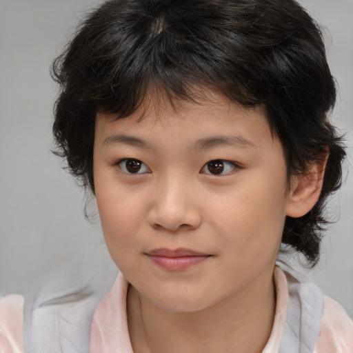 Joyful white child female with medium  brown hair and brown eyes