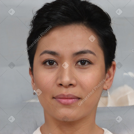 Neutral asian young-adult female with short  brown hair and brown eyes