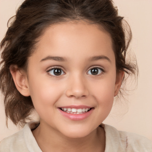 Joyful white child female with medium  brown hair and brown eyes