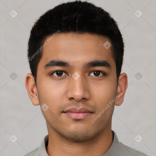 Neutral latino young-adult male with short  black hair and brown eyes