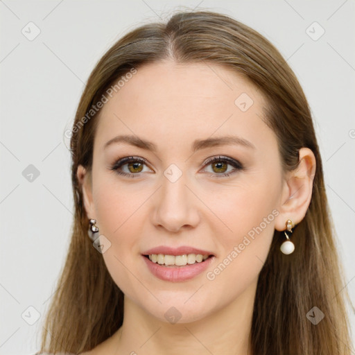 Joyful white young-adult female with long  brown hair and brown eyes