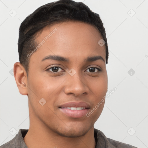 Joyful latino young-adult male with short  brown hair and brown eyes