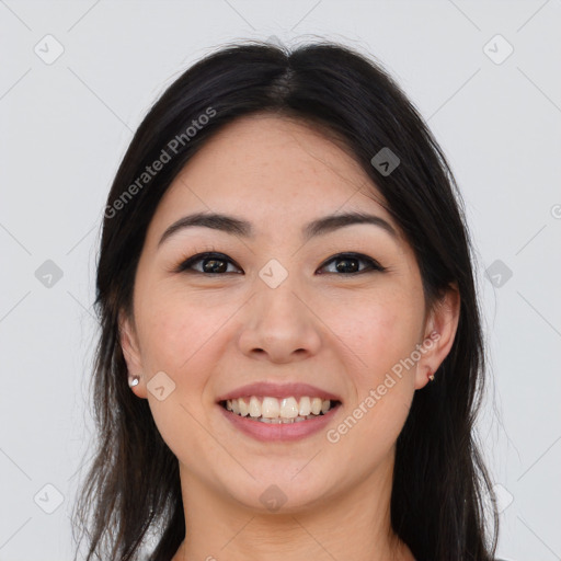 Joyful white young-adult female with long  brown hair and brown eyes