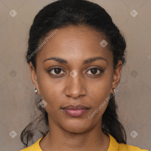 Neutral black young-adult female with short  black hair and brown eyes